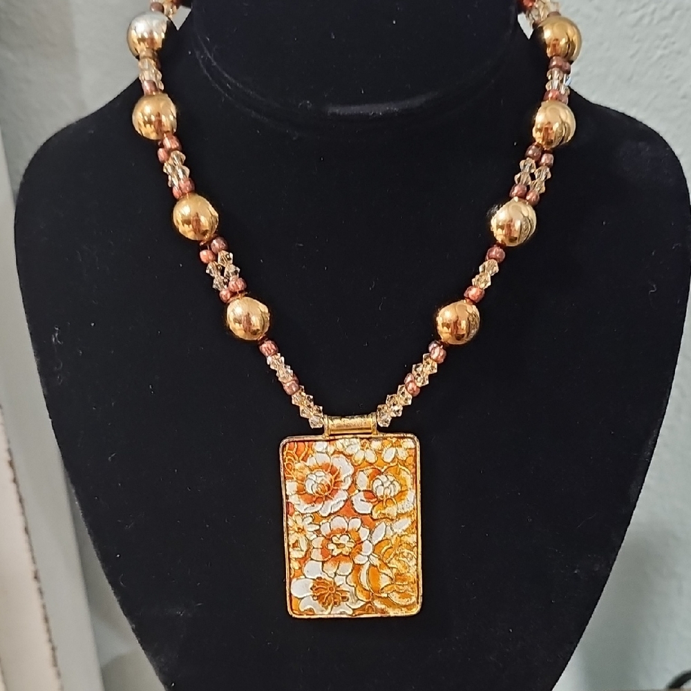 Enamel Double Cloisonne Pendant Jewelry with Brown and Yellow Flowers - Picture 1 of 3